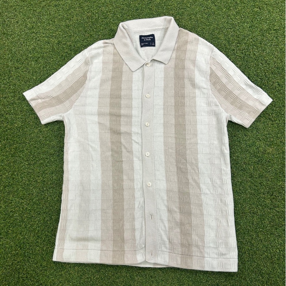 Abercrombie & Fitch Mens Small Cream Tan Striped Knit Button Up Sweater Polo